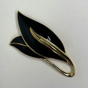 Vintage Signed Trifari Gold Tone Black Enamel Leaf Design 3.1” Brooch Pin